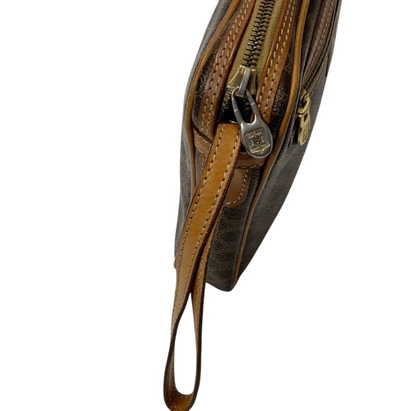 Vintage Celine Triomphe Macadam Clutch Brown Leather Canvas Wrist Handbag Unisex - Picture 5 of 15